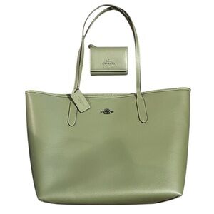 Coach Military Green Leather City Tote with gun metal hardware & matching wallet